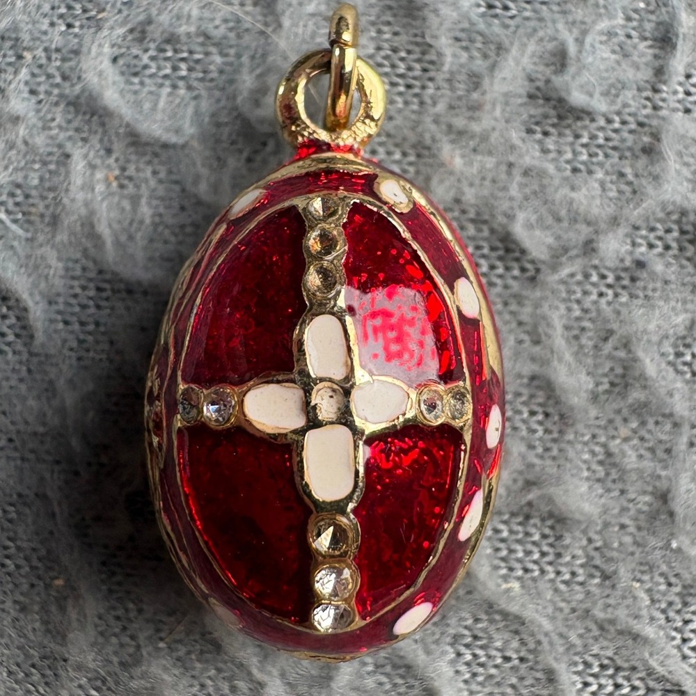 Vintage Style Red Enamel Egg Pendant Crystal Cross Gold Tone Charm